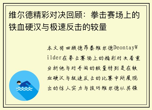 维尔德精彩对决回顾：拳击赛场上的铁血硬汉与极速反击的较量
