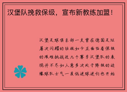 汉堡队挽救保级，宣布新教练加盟！